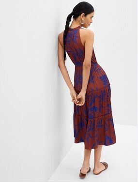 Gap Tiered Midi Dress Blue Brown Satin Floral Size S EUC